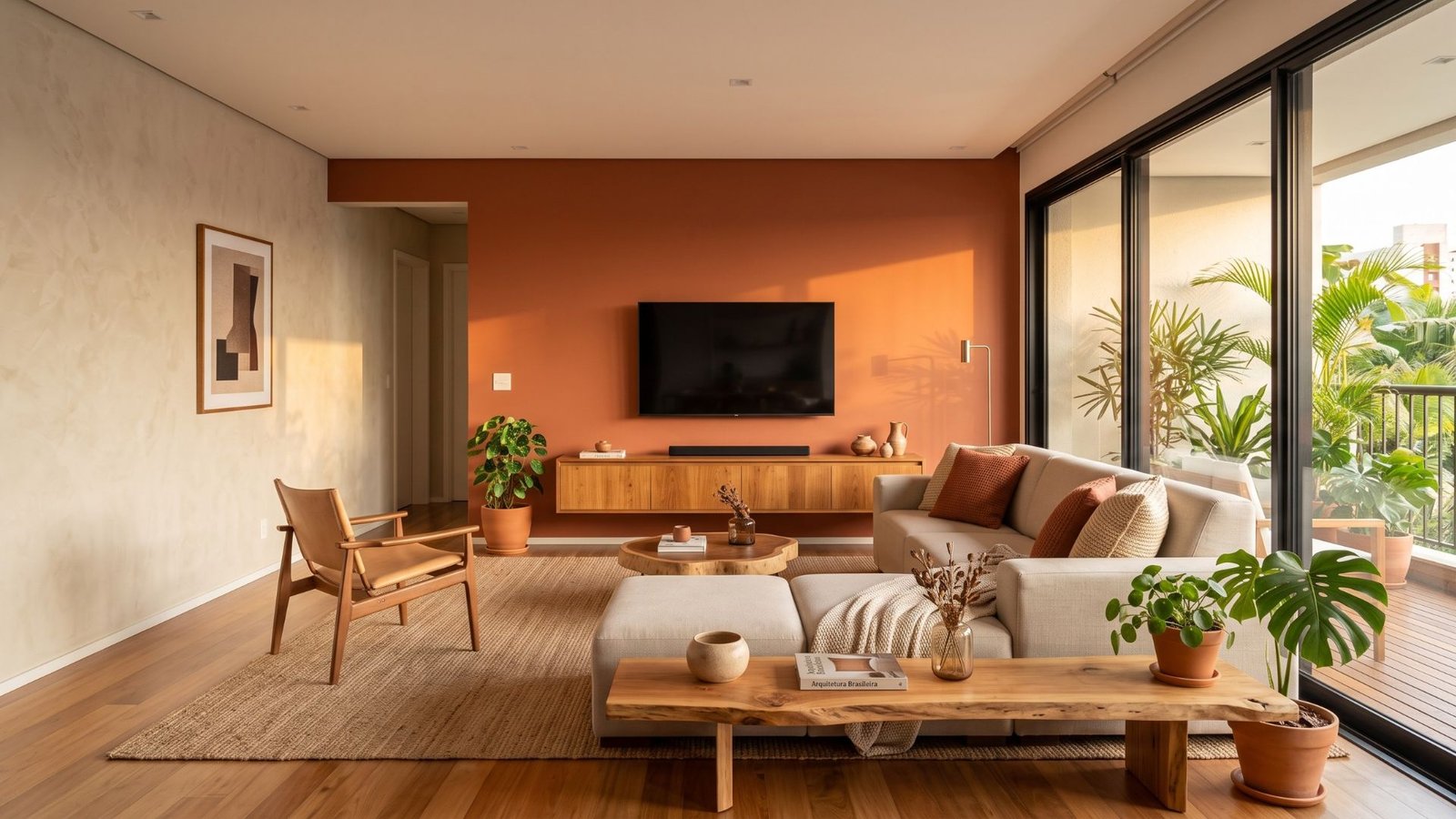 Ambiente residencial brasileiro com tintas e revestimentos em tons quentes